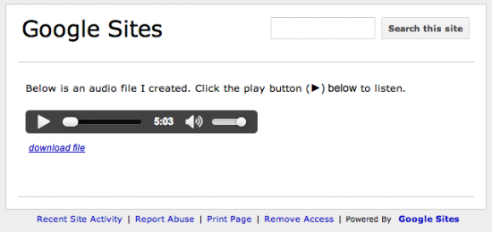 audio player in Google Sites