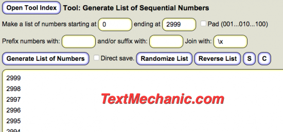 Use Text Mechanic to Generate List of Sequential Numbers