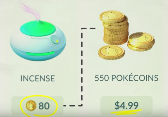 If 550 Pokecoins cost $4.99, how much real money does incense cost?