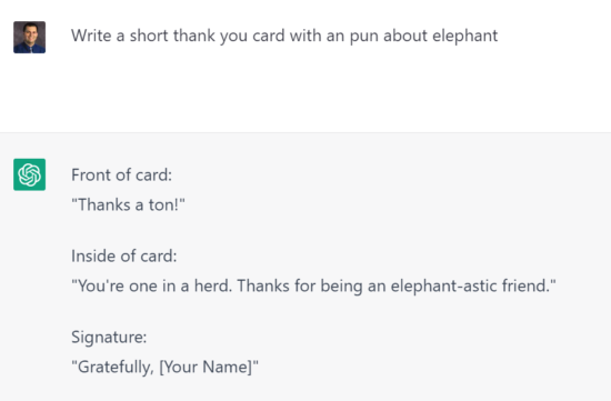 Asked ChatGPT to create a thank you card with an elephant